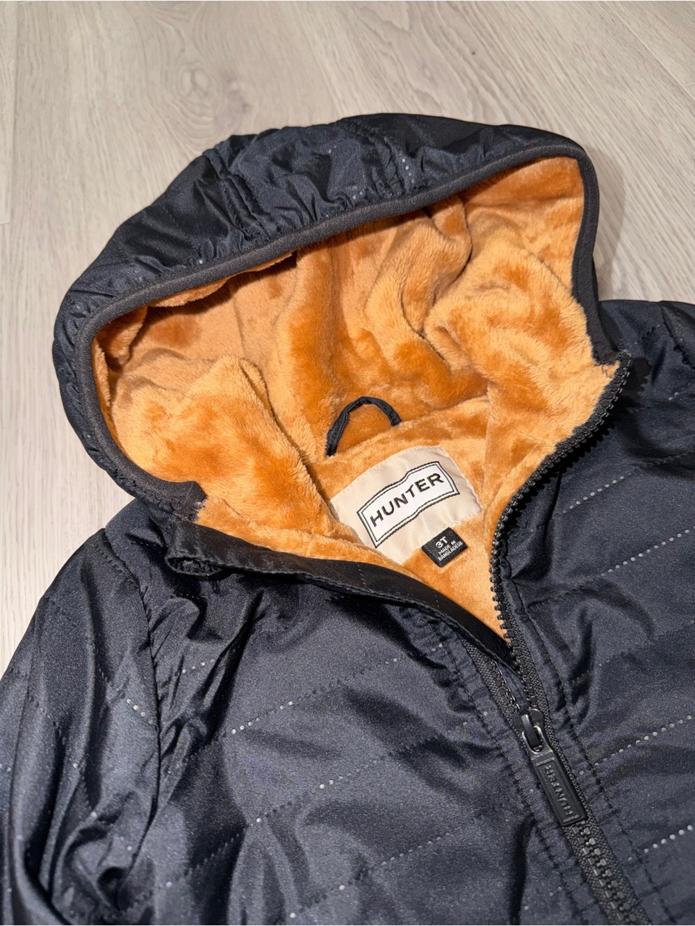 Hunter Kids 3T Black Hooded Puffer Jacket with Tan Faux Fur Lining